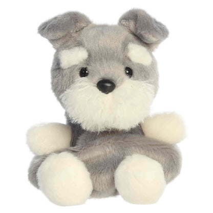 Palm Pals Korra Schnauzer, a small gray and white plush dog with a fluffy muzzle and tiny folded ears.