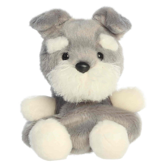Palm Pals Korra Schnauzer, a small gray and white plush dog with a fluffy muzzle and tiny folded ears.