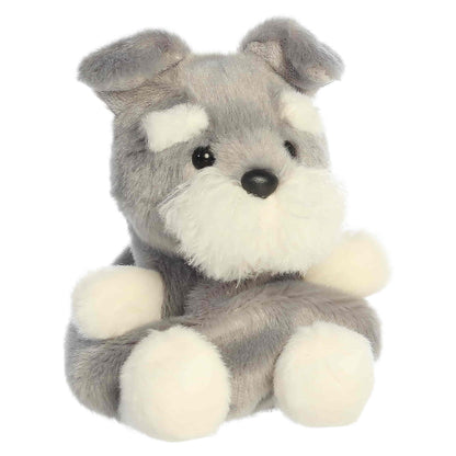 Palm Pals Korra Schnauzer, a small gray and white plush dog with a fluffy muzzle and tiny folded ears.