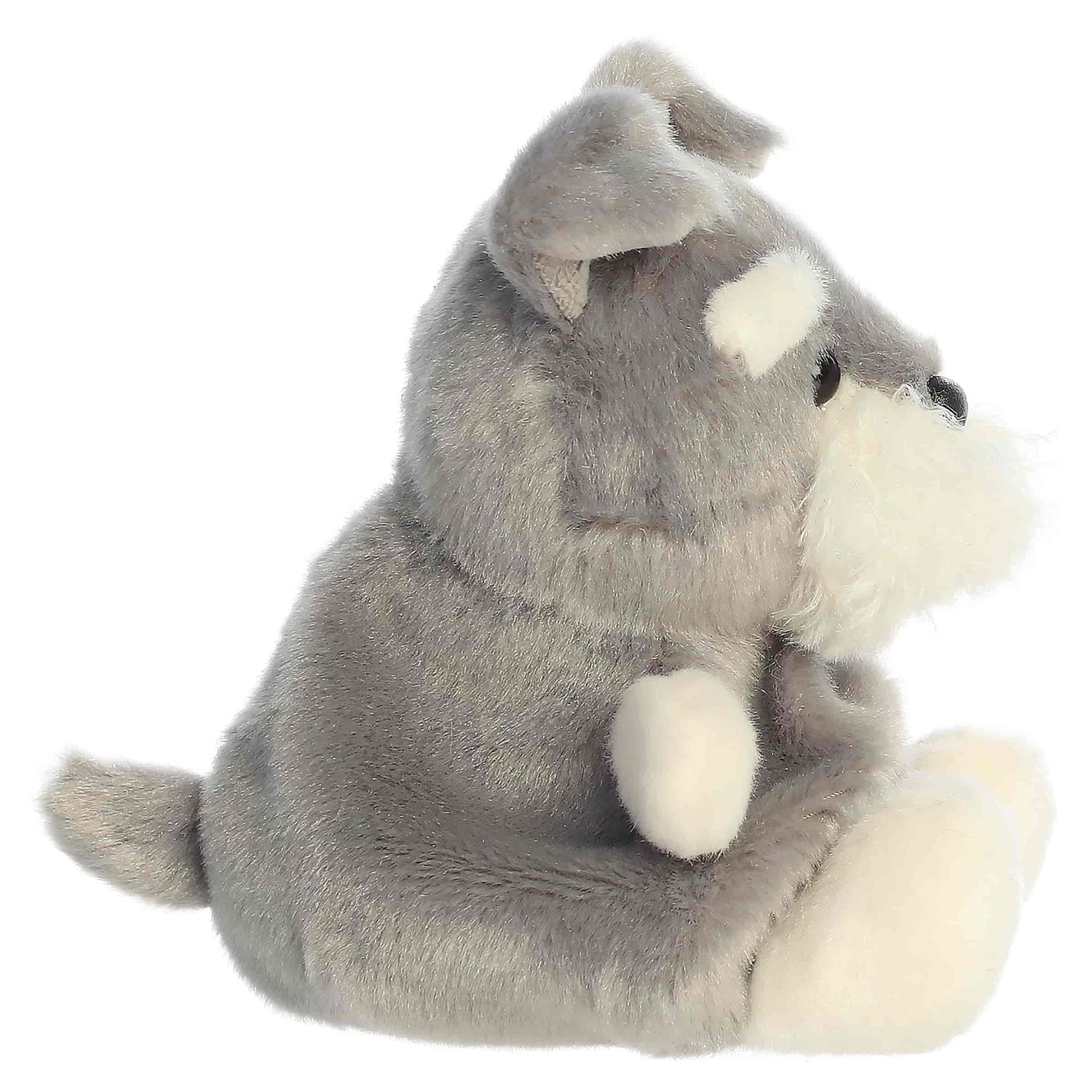 Palm Pals Korra Schnauzer, a small gray and white plush dog with a fluffy muzzle and tiny folded ears.