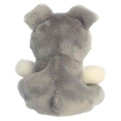 Palm Pals Korra Schnauzer, a small gray and white plush dog with a fluffy muzzle and tiny folded ears.