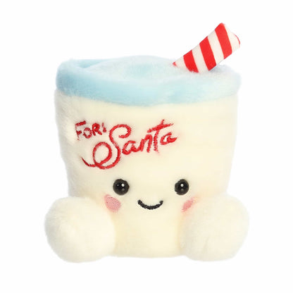 Palm Pals Kris Milk plush featuring a white glass of milk with "For Santa" embroidered in red, a sky-blue rim, and a red and white striped straw.