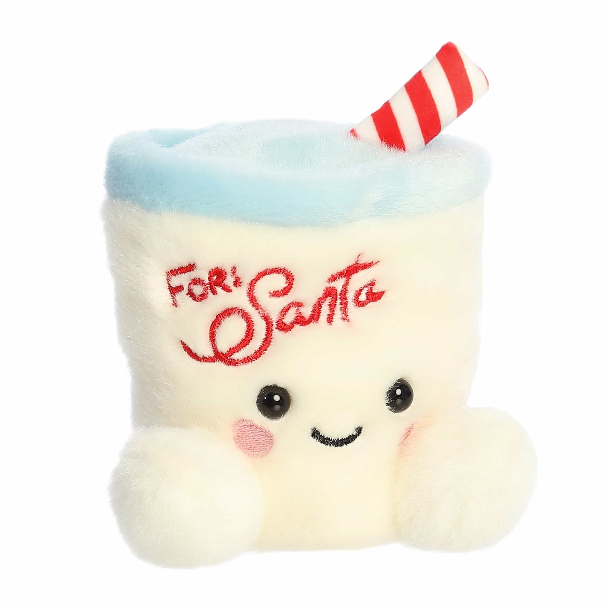 Palm Pals Kris Milk plush featuring a white glass of milk with "For Santa" embroidered in red, a sky-blue rim, and a red and white striped straw.