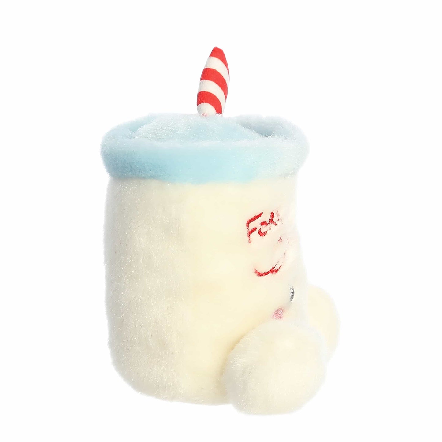 Palm Pals Kris Milk plush featuring a white glass of milk with "For Santa" embroidered in red, a sky-blue rim, and a red and white striped straw.