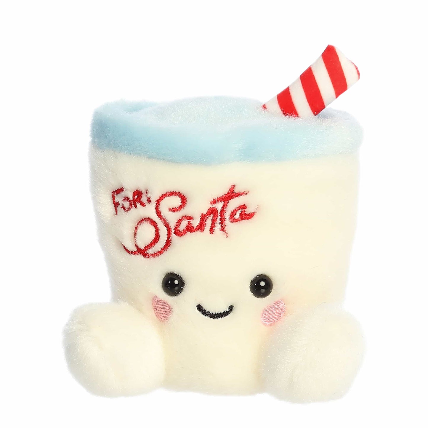 Palm Pals Kris Milk plush featuring a white glass of milk with "For Santa" embroidered in red, a sky-blue rim, and a red and white striped straw.
