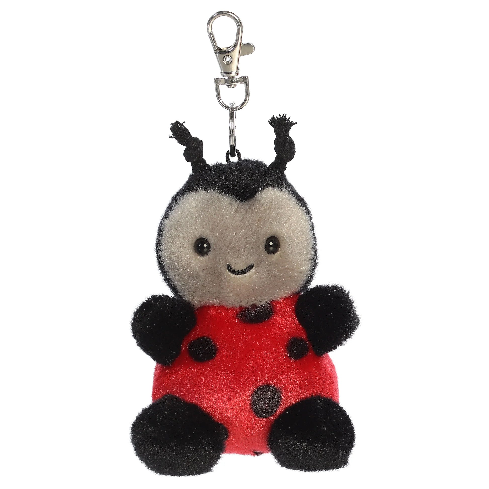 Palm Pals Lil Spots Ladybug mini plush clip-on featuring a bright red spotted shell, soft grey face, black antennae, and a metal clasp.