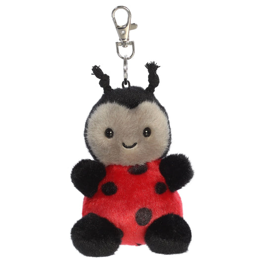 Palm Pals Lil Spots Ladybug mini plush clip-on featuring a bright red spotted shell, soft grey face, black antennae, and a metal clasp.