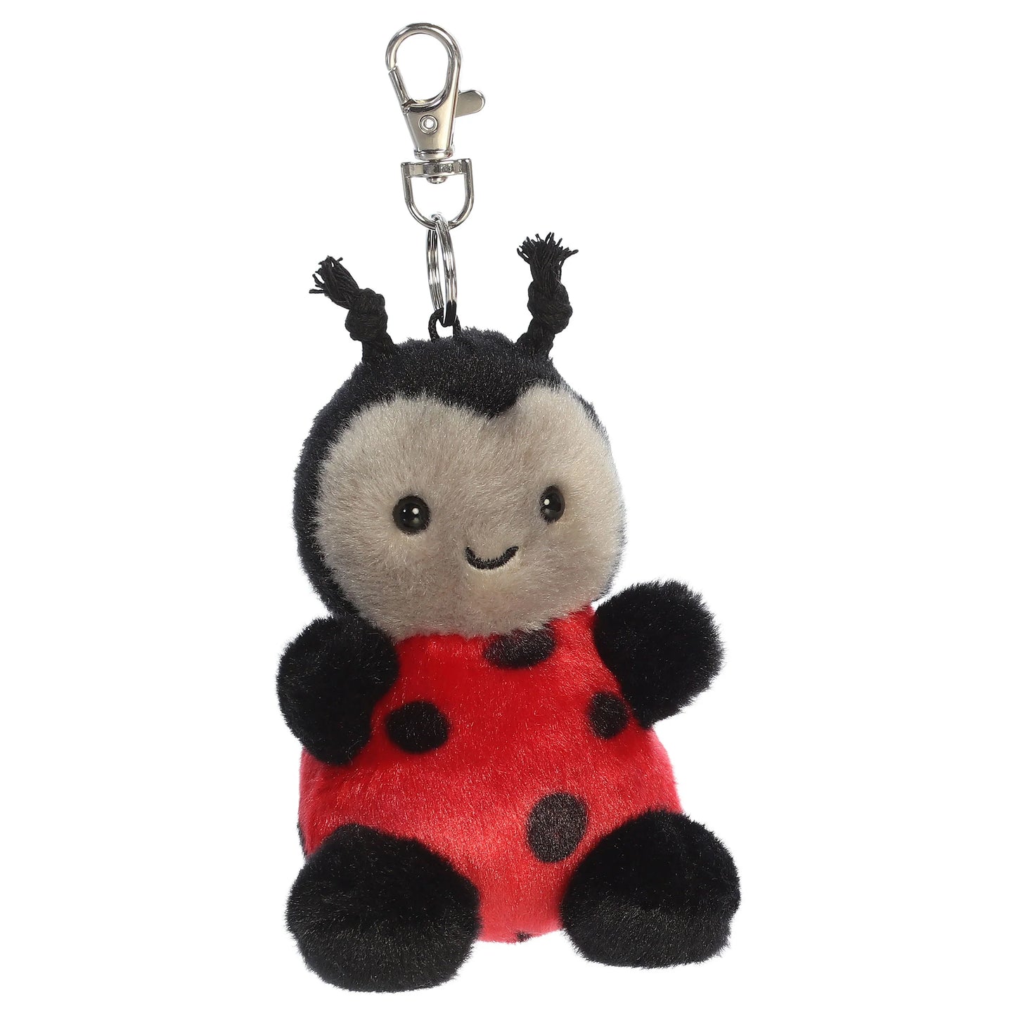 Palm Pals Lil Spots Ladybug mini plush clip-on featuring a bright red spotted shell, soft grey face, black antennae, and a metal clasp.