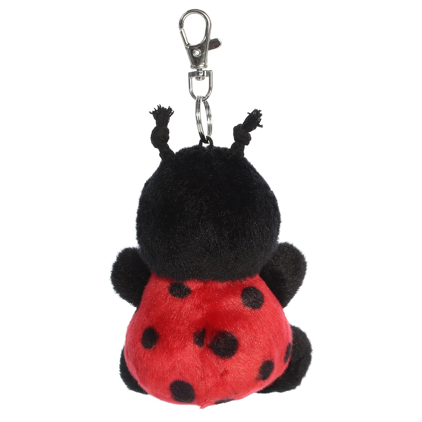 Palm Pals Lil Spots Ladybug mini plush clip-on featuring a bright red spotted shell, soft grey face, black antennae, and a metal clasp.