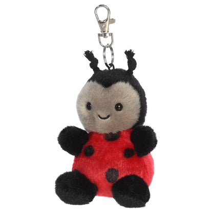Palm Pals Lil Spots Ladybug mini plush clip-on featuring a bright red spotted shell, soft grey face, black antennae, and a metal clasp.