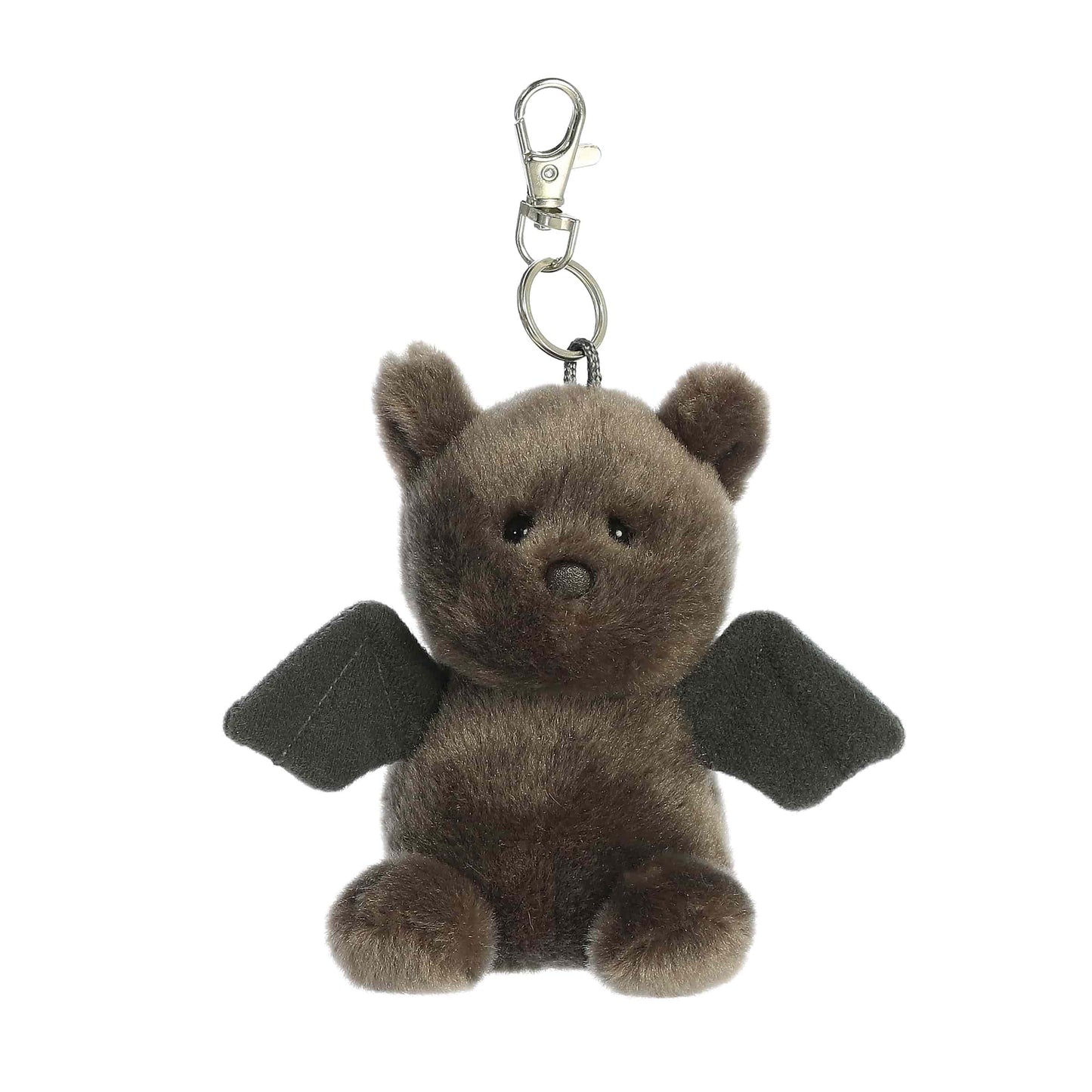 Product view of Palm Pals Luna Bat, a 4-inch dark grey plush bat with black
wings and a plastic keychain clip.