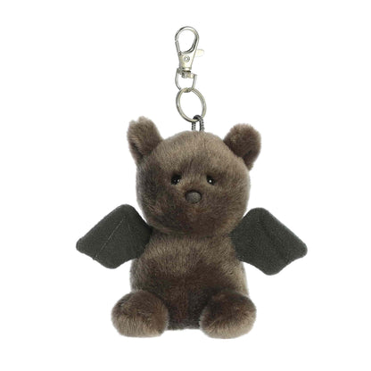 Product view of Palm Pals Luna Bat, a 4-inch dark grey plush bat with black
wings and a plastic keychain clip.