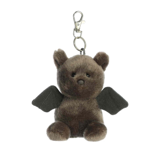 Product view of Palm Pals Luna Bat, a 4-inch dark grey plush bat with black
wings and a plastic keychain clip.
