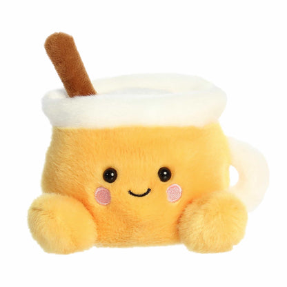 Palm Pals Mac Apple Cider 5-inch plush featuring a golden-yellow mug, plush cinnamon stick stick-out top, white rim, and rosy cheeks.