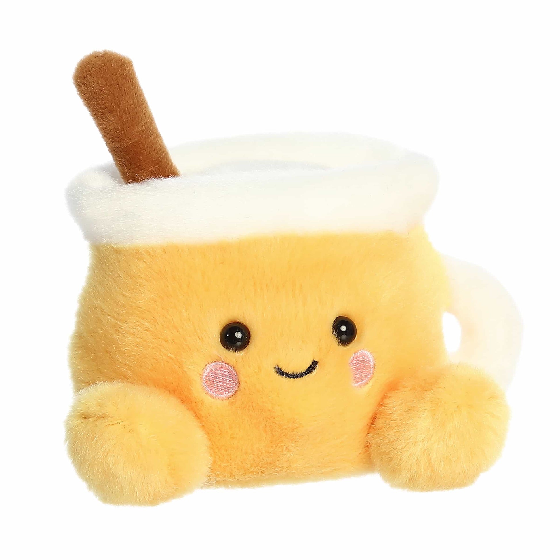 Palm Pals Mac Apple Cider 5-inch plush featuring a golden-yellow mug, plush cinnamon stick stick-out top, white rim, and rosy cheeks.
