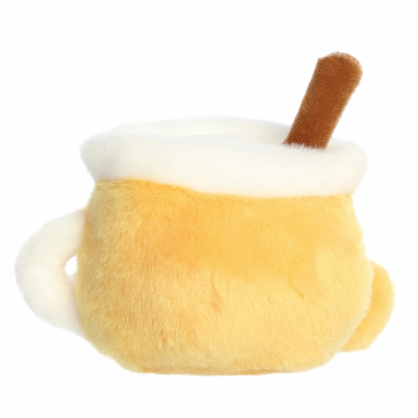 Palm Pals Mac Apple Cider 5-inch plush featuring a golden-yellow mug, plush cinnamon stick stick-out top, white rim, and rosy cheeks.