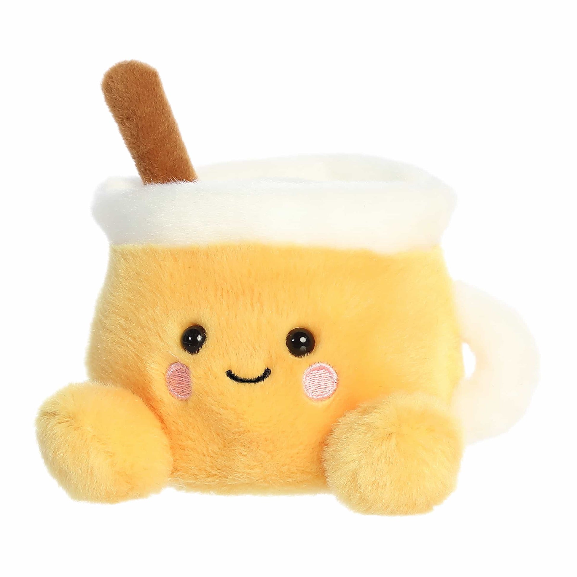 Palm Pals Mac Apple Cider 5-inch plush featuring a golden-yellow mug, plush cinnamon stick stick-out top, white rim, and rosy cheeks.