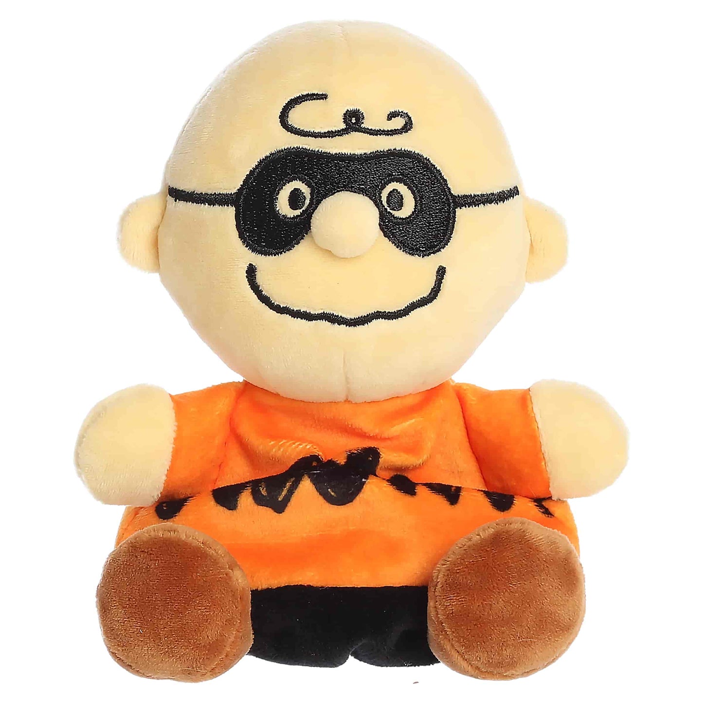 Palm Pals Masked Charlie Brown plush featuring an orange zig-zag shirt, black stitched domino eye mask, and brown shoes.