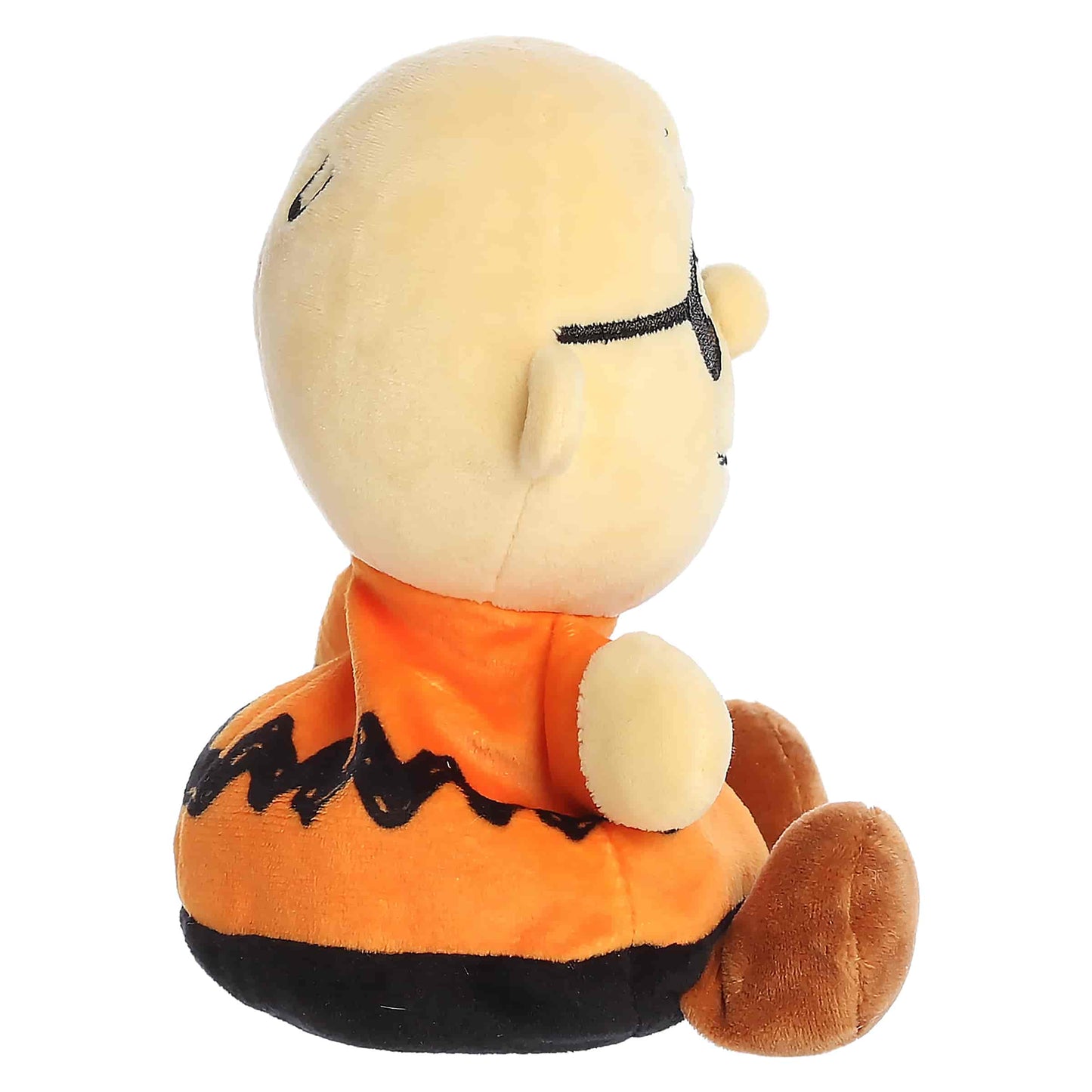 Palm Pals Masked Charlie Brown plush featuring an orange zig-zag shirt, black stitched domino eye mask, and brown shoes.