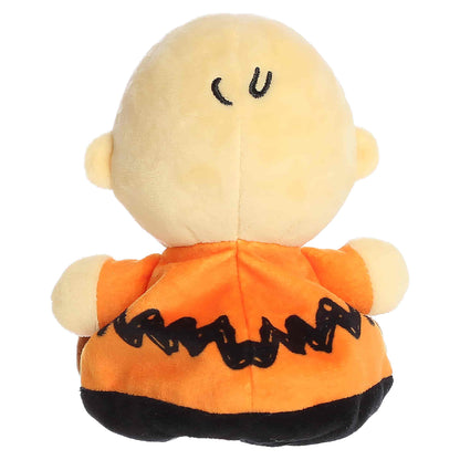 Palm Pals Masked Charlie Brown plush featuring an orange zig-zag shirt, black stitched domino eye mask, and brown shoes.