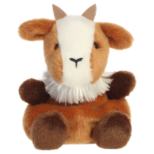 Palm Pals Meadow Goat plush toy with a fluffy brown and white body and tiny horns
