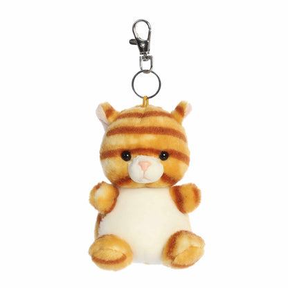 Palm Pals Meow Kitty Clip-On plush featuring an orange striped tabby cat with a white tummy, pink nose, and attached key clip.