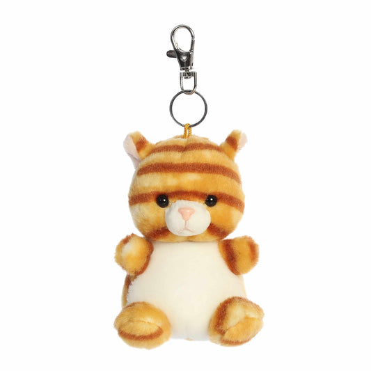 Palm Pals Meow Kitty Clip-On plush featuring an orange striped tabby cat with a white tummy, pink nose, and attached key clip.