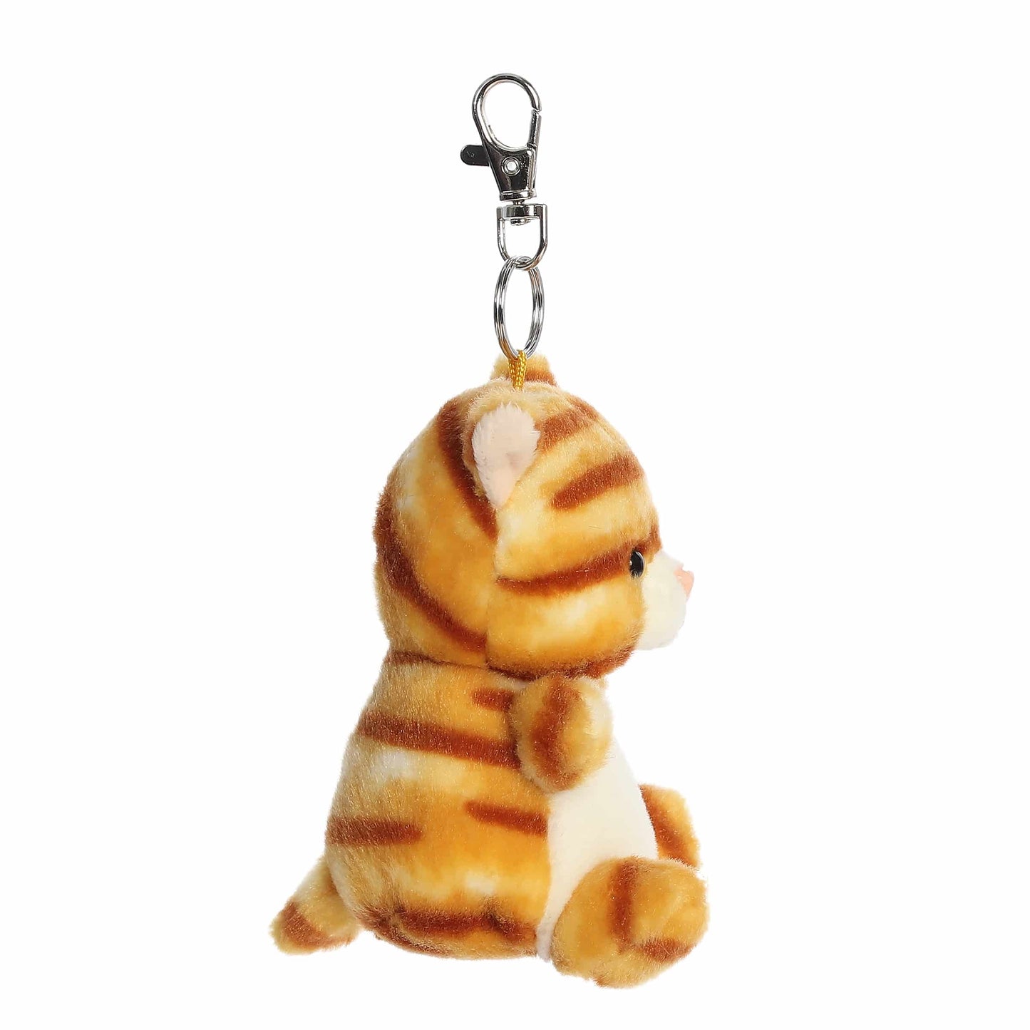 Palm Pals Meow Kitty Clip-On plush featuring an orange striped tabby cat with a white tummy, pink nose, and attached key clip.