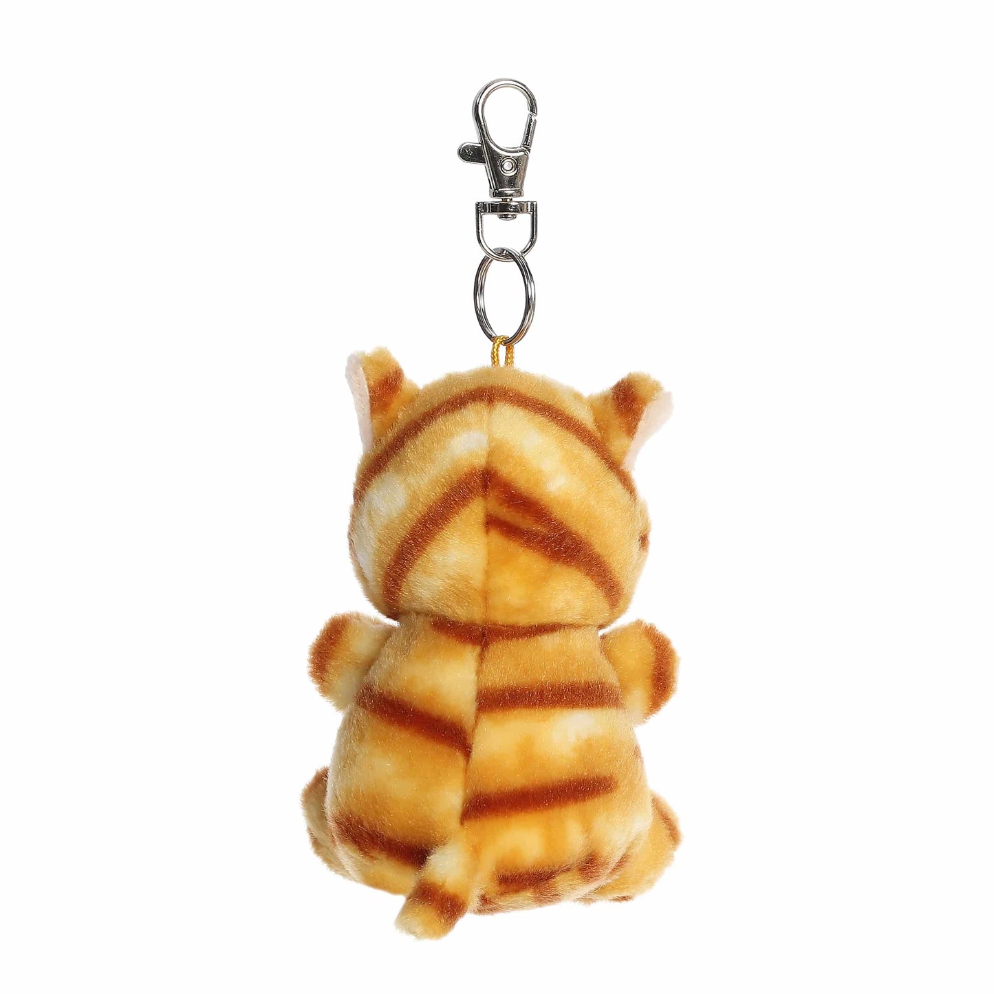Palm Pals Meow Kitty Clip-On plush featuring an orange striped tabby cat with a white tummy, pink nose, and attached key clip.