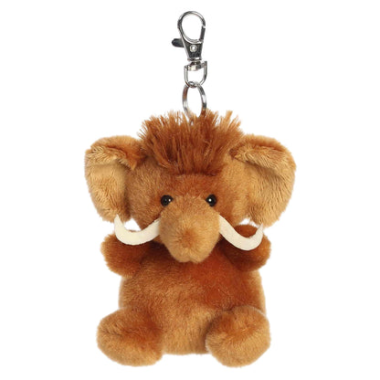 Palm Pals Mo Woolly Mammoth Clip-On plush featuring soft brown fur, a fuzzy hair tuft, adorable tusks, and a metal keychain clip.