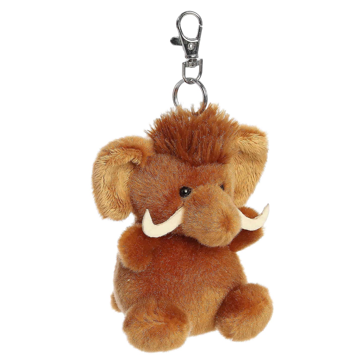 Palm Pals Mo Woolly Mammoth Clip-On plush featuring soft brown fur, a fuzzy hair tuft, adorable tusks, and a metal keychain clip.