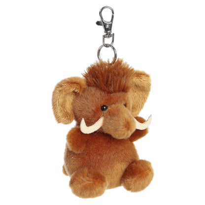 Palm Pals Mo Woolly Mammoth Clip-On plush featuring soft brown fur, a fuzzy hair tuft, adorable tusks, and a metal keychain clip.