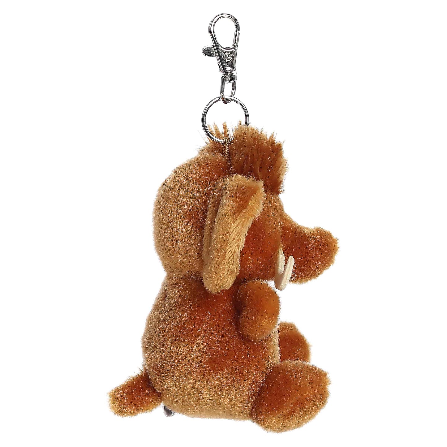 Palm Pals Mo Woolly Mammoth Clip-On plush featuring soft brown fur, a fuzzy hair tuft, adorable tusks, and a metal keychain clip.
