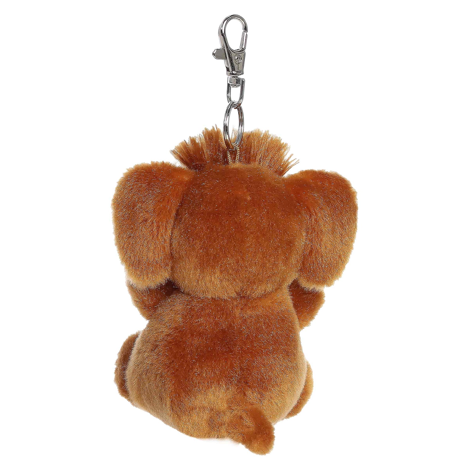 Palm Pals Mo Woolly Mammoth Clip-On plush featuring soft brown fur, a fuzzy hair tuft, adorable tusks, and a metal keychain clip.