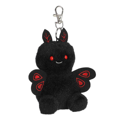 Palm Pals Mortimer Mothman 4-inch clip-on plush, a black cryptid with red eyes and embroidered wings on a keychain clip.