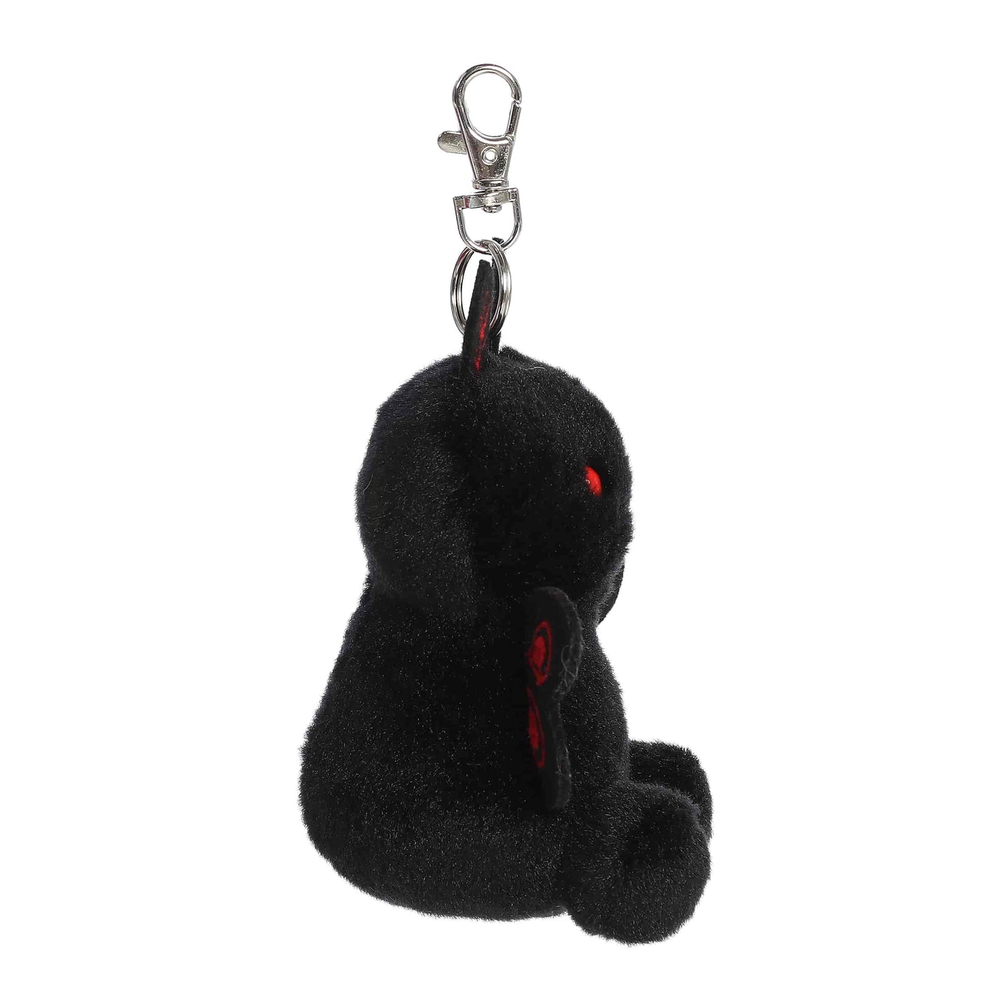 Palm Pals Mortimer Mothman 4-inch clip-on plush, a black cryptid with red eyes and embroidered wings on a keychain clip.