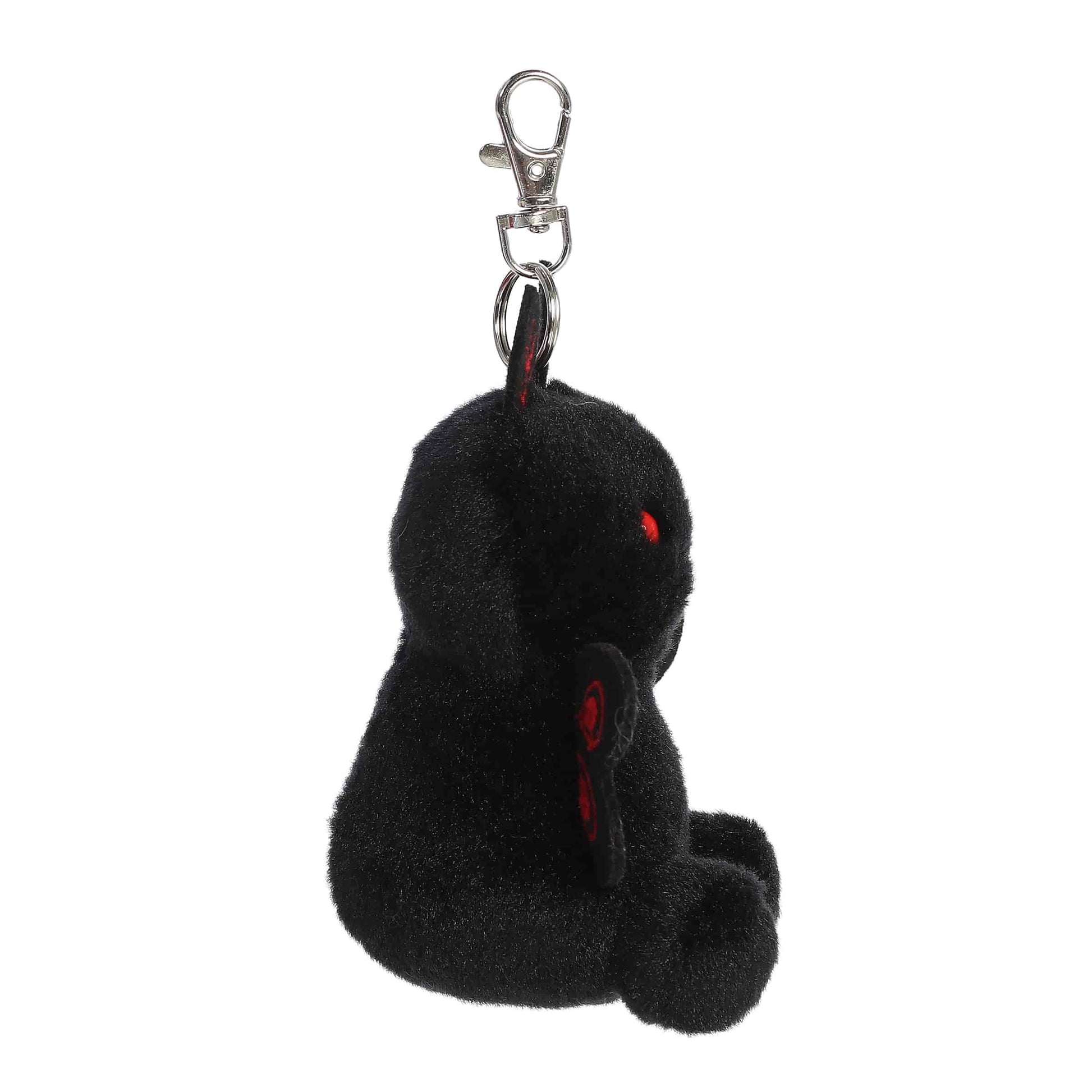 Palm Pals Mortimer Mothman 4-inch clip-on plush, a black cryptid with red eyes and embroidered wings on a keychain clip.