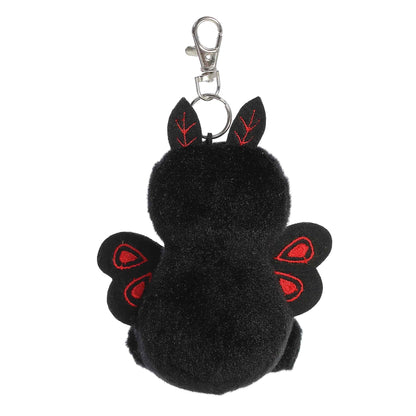 Palm Pals Mortimer Mothman 4-inch clip-on plush, a black cryptid with red eyes and embroidered wings on a keychain clip.