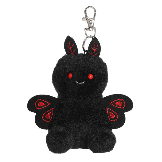 Palm Pals Mortimer Mothman 4-inch clip-on plush, a black cryptid with red eyes and embroidered wings on a keychain clip.