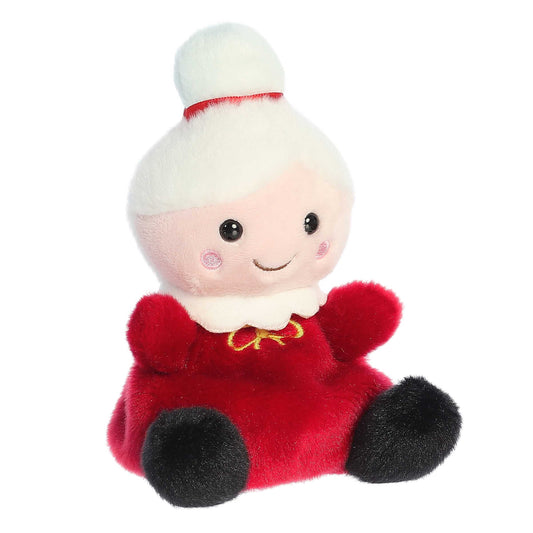 Palm Pals Mrs. Claus plush wearing a red dress with a white collar, gold ribbon accent, and snowy white hair tied in a bun with a red bow.