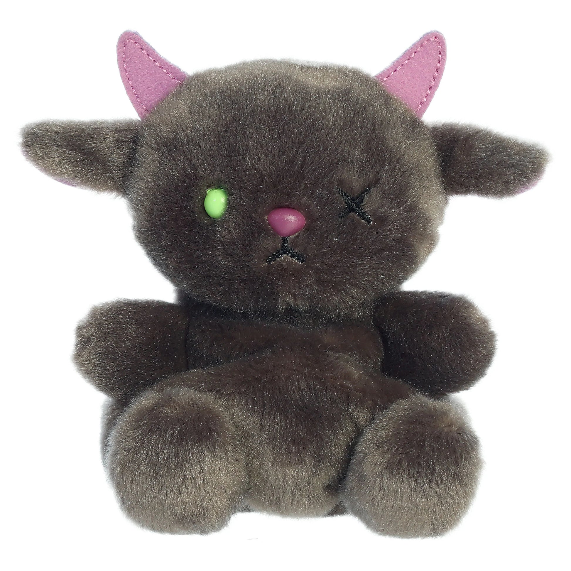 Palm Pals Murk Monster mythical plush toy with a smoky gray body, pink horns, and a single green eye