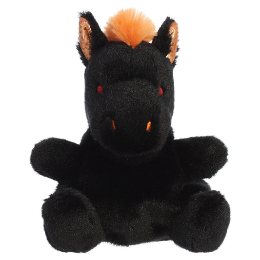 Palm Pals Nessus Nightmare plush toy in black with a fiery orange mane, tiny pointed ears, and deep-set red eyes.