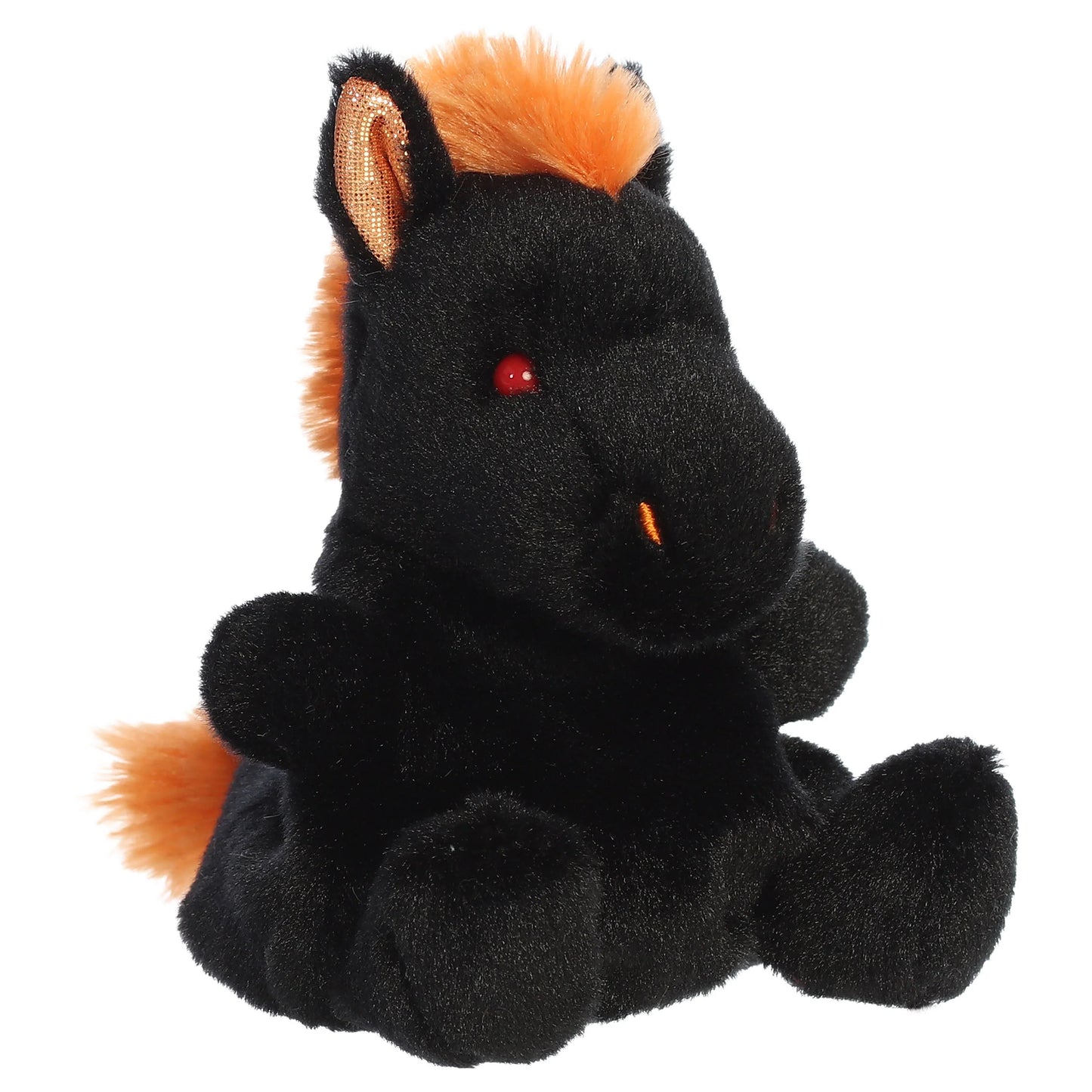 Palm Pals Nessus Nightmare plush toy in black with a fiery orange mane, tiny pointed ears, and deep-set red eyes.