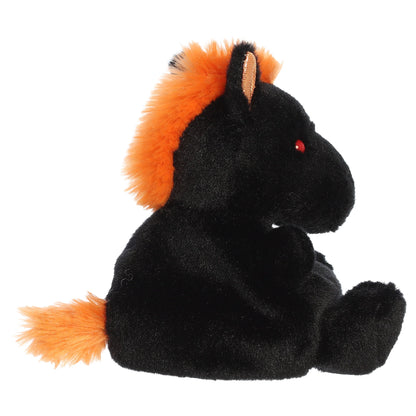 Palm Pals Nessus Nightmare plush toy in black with a fiery orange mane, tiny pointed ears, and deep-set red eyes.