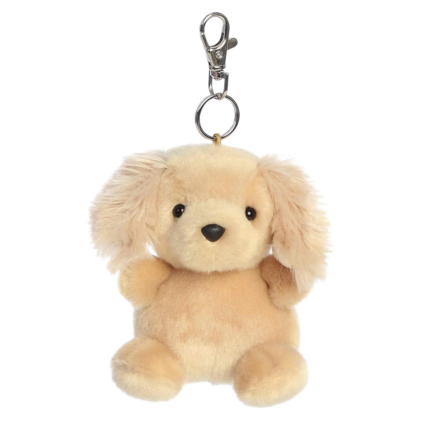 Palm Pals Oatmeal Goldendoodle Clip-On plush featuring a curly golden coat, bright eyes, and a metal keychain clip.