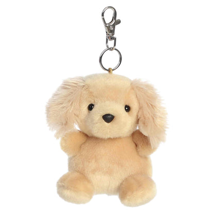 Palm Pals Oatmeal Goldendoodle Clip-On plush featuring a curly golden coat, bright eyes, and a metal keychain clip.