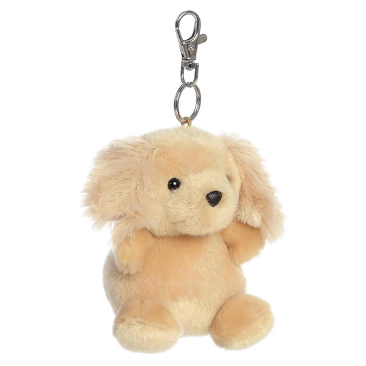 Palm Pals Oatmeal Goldendoodle Clip-On plush featuring a curly golden coat, bright eyes, and a metal keychain clip.