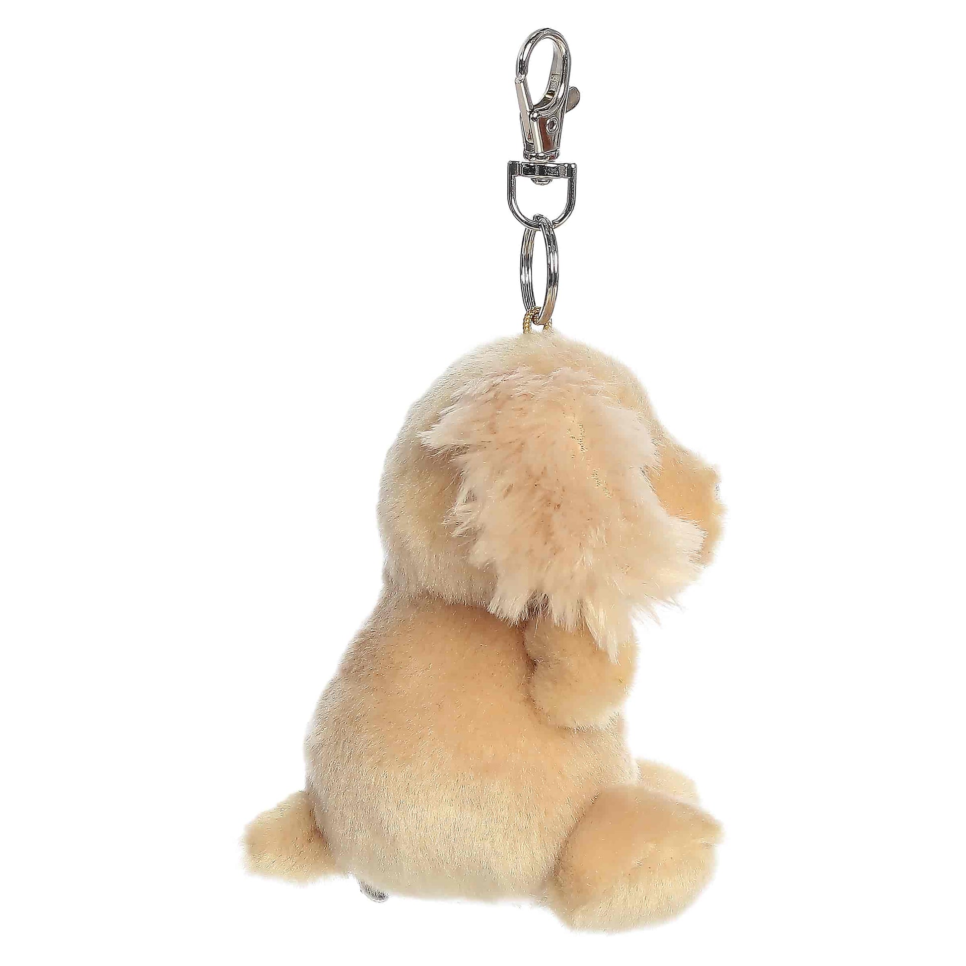 Palm Pals Oatmeal Goldendoodle Clip-On plush featuring a curly golden coat, bright eyes, and a metal keychain clip.