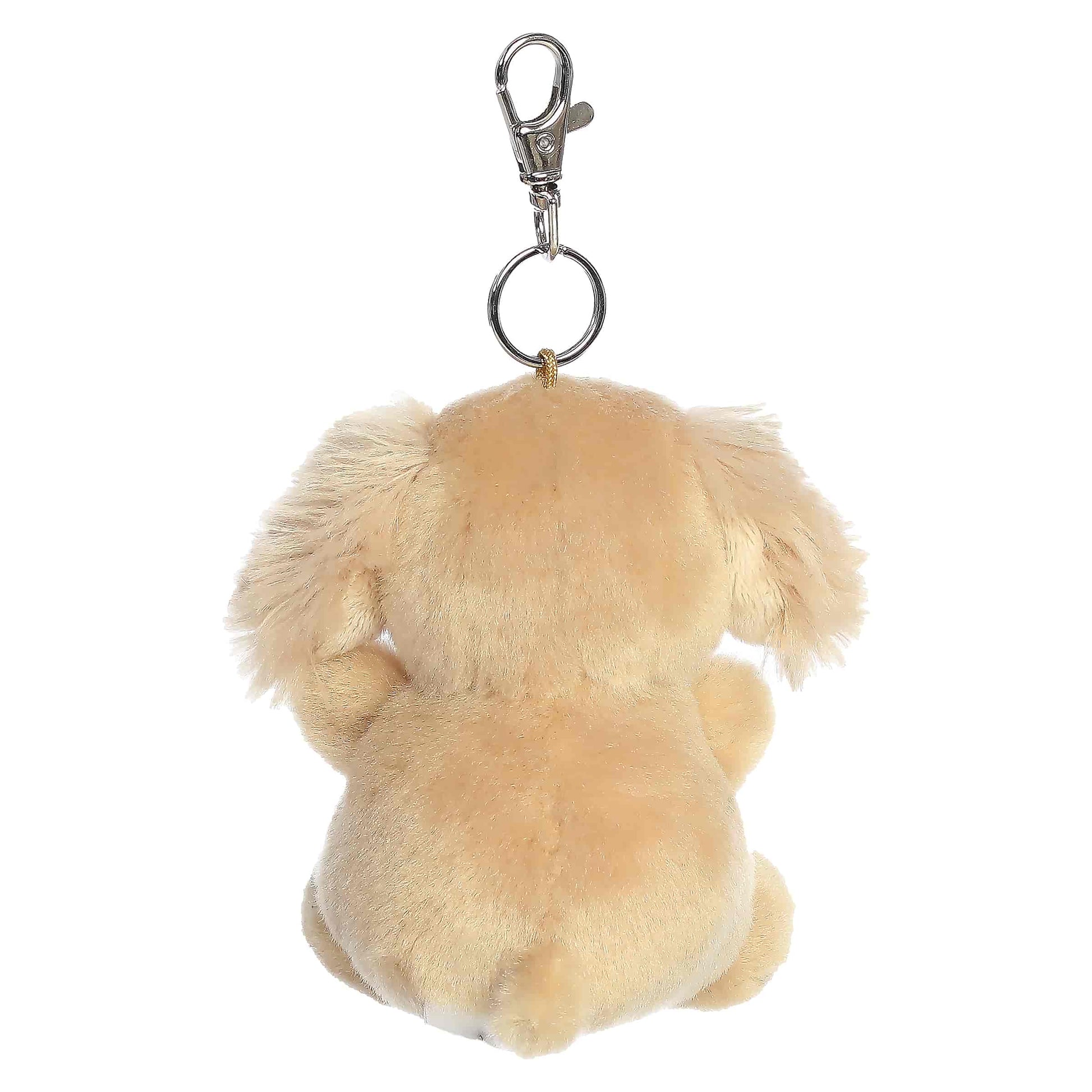 Palm Pals Oatmeal Goldendoodle Clip-On plush featuring a curly golden coat, bright eyes, and a metal keychain clip.