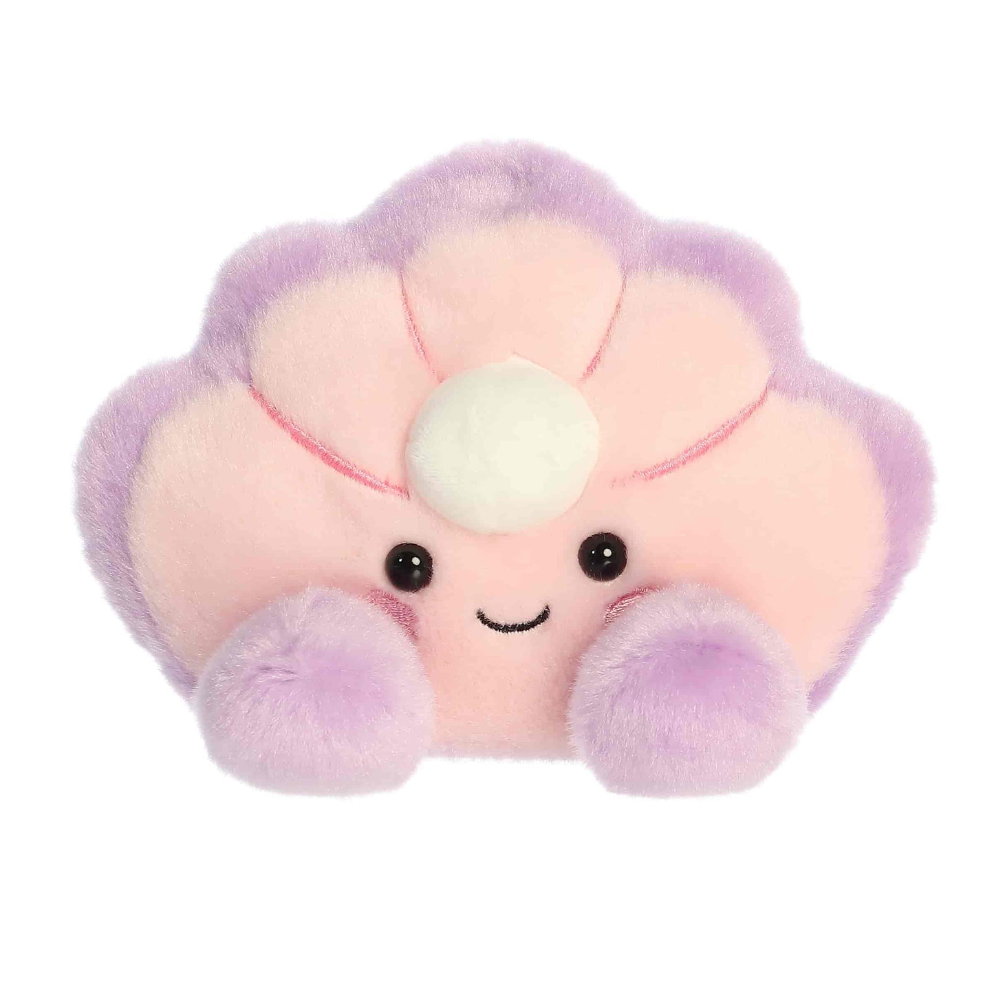 Palm Pals Odette Oyster 5-inch plush soft toy, a pink and lavender oyster shell with a white pearl and a happy face.